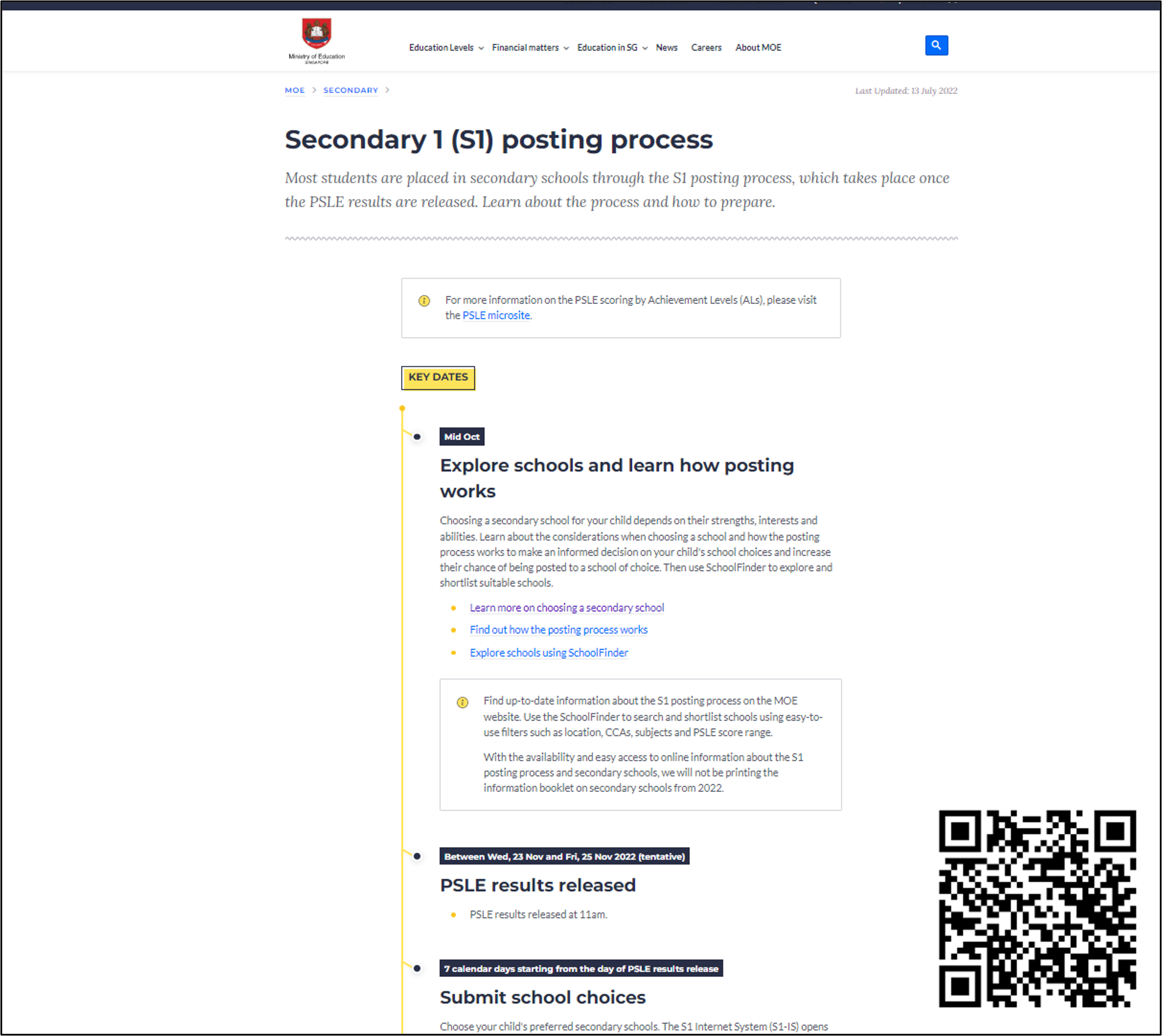 MOE Singapore webpage showing the Secondary 1 posting process with key dates and a QR code in the corner.